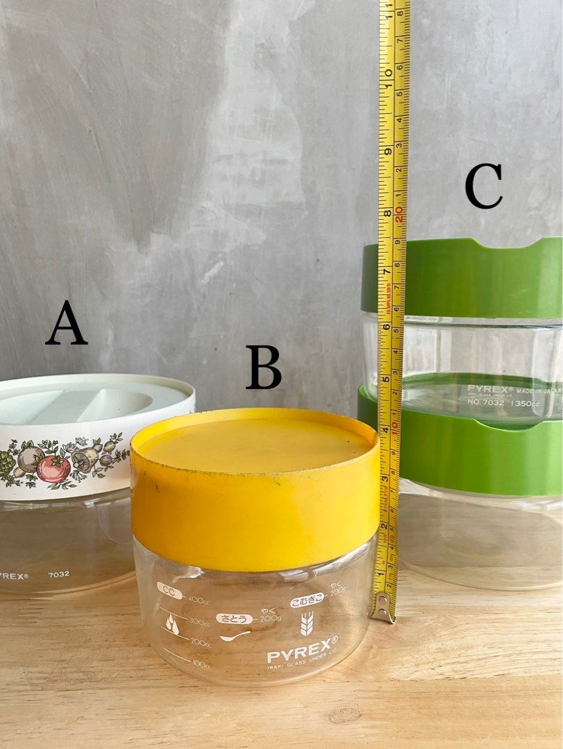 🇯🇵 Pyrex Iwaki Vintage Canisters (Category: Food Organization & Storage) located in Quezon City. Submitted by shopgood_mnl (Listing ID 1243574705, Image 2). Description: like new (A,C), well used (B) A - P450 - sold B - 250 C - P350 each (chipped lid, but does not affect the glass canister).