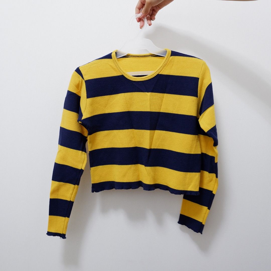 Blue and yellow striped long sleeve shirt on sale