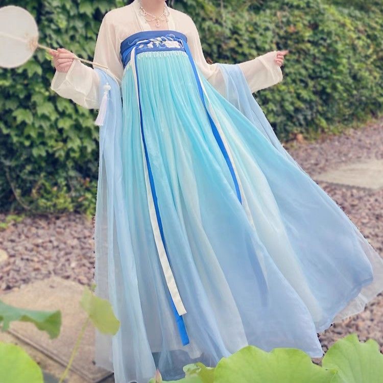light blue dress shirt navy suit Black/Blue Hot Stamping Embroidered Ancient Flowy Classic Hanfu Dress   LolitaInside