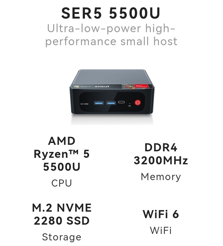 Beelink SER5 Mini PC, Mini Computers with AMD Ryzen 5 5560U, 6C/12T, 16G  DDR4+500GB NVMe M.2 2280 SSD, 1000Mbps, WiFi 6, BT 5.2, DP, HDMI, Type-C