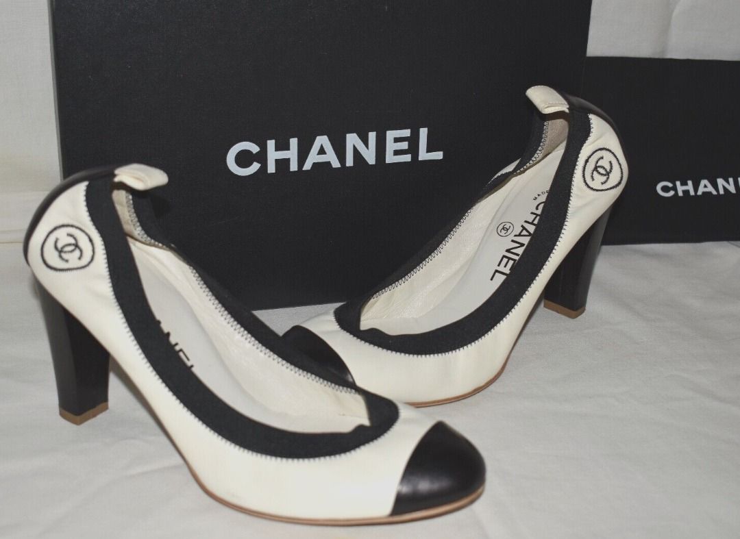 Chanel Black & White Leather CC Logo Elastic Pumps Heels 38.5 8 + Dustbags  & Box, Luxury, Sneakers & Footwear on Carousell
