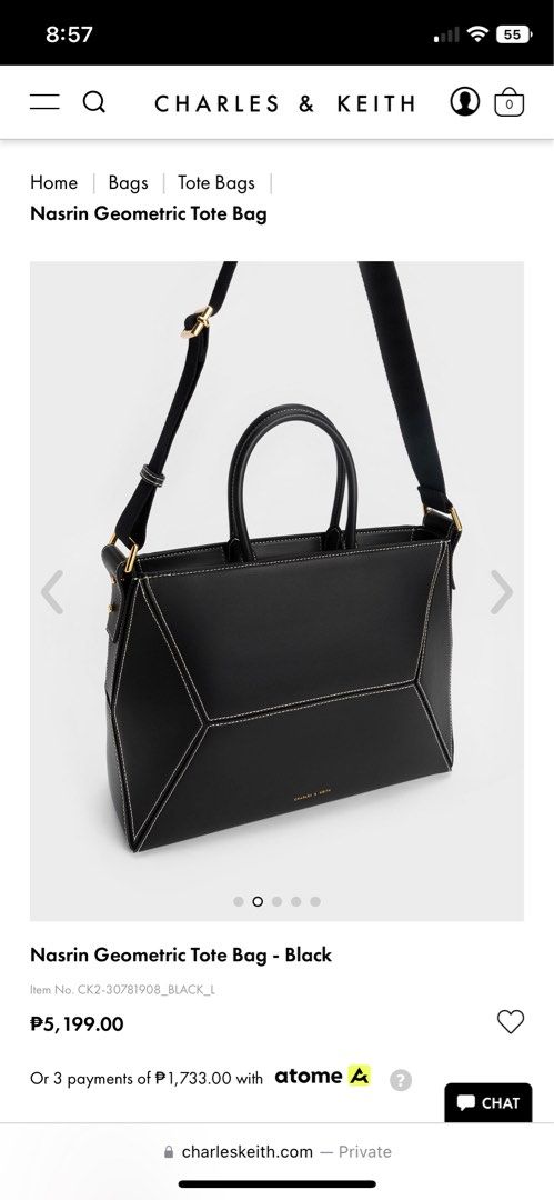 Charles & Keith Nasrin Bag (Black) (Category: Shoulder Bags) located in Antipolo. Submitted by abc__mart (Listing ID 1243650679, Image 2). Description: Brand new Bought in SG w/ dust bag, protective foam etc! https://www.charleskeith.com/ph/bags/CK2-30781908_BLACK.html.