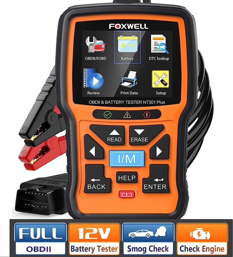 FOXWELL NT301 Plus OBD2 Scanner with 12V Battery Tester, 2 in 1 Check