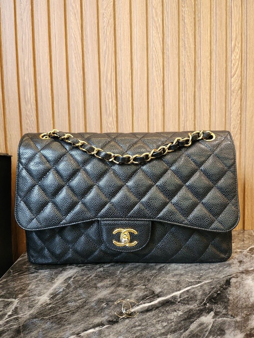 Chanel Black Quilted Caviar Jumbo Classic Double Flap Bag Gold Hardware