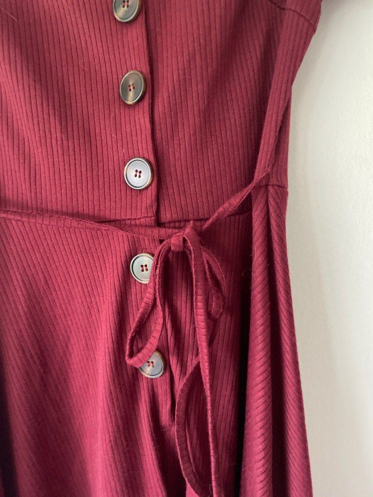 Maroon wine red 50s style vintage puff ruched sleeve v neck