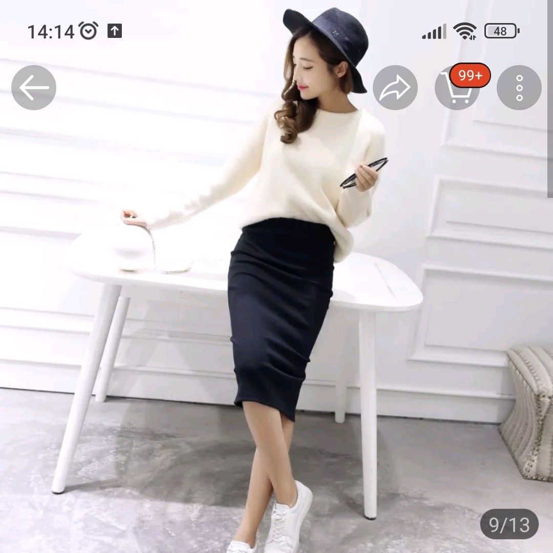 Midi skirt high waist bodycon pencil skirt split slim fit black