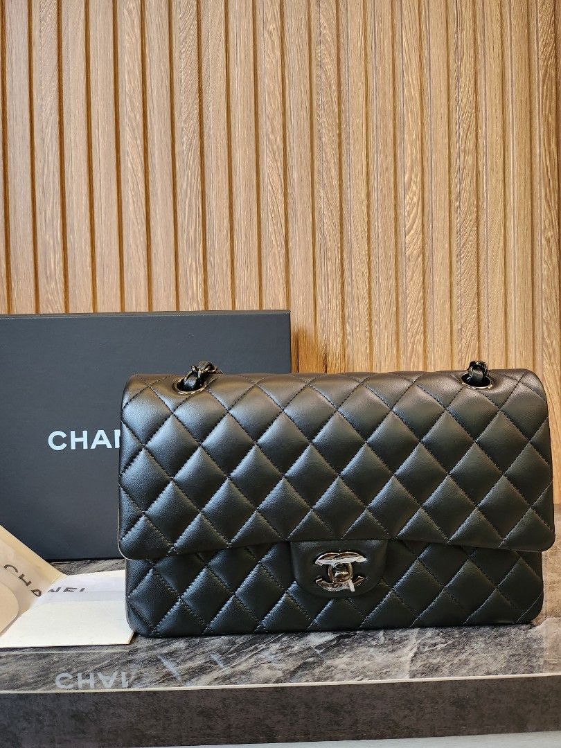 CHANEL, Bags, Chanel Classic Flap Medium Lambskin Black Silver Hardware  22 With Chip