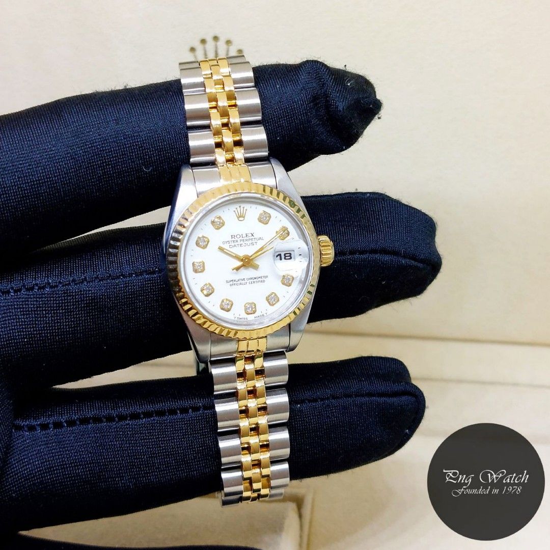 ROLEX DATEJUST OYSTER PERPETUAL TWO TONE 18k YGOLD/SS MENS SIZE GOLD ROMAN  DIAL W/DIAMONDS, Luxury, Watches on Carousell