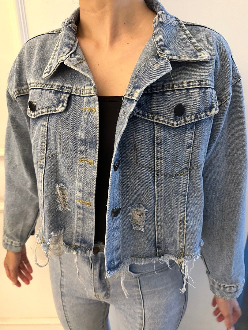 Slightly cropped raw hem soft denim jacket Women s Fashion Coats