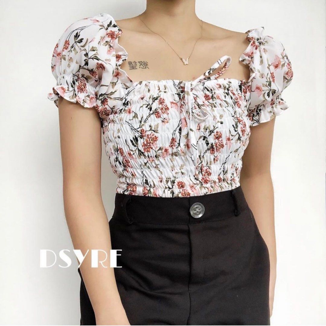 Smocked Floral Top Blouse, Women's Fashion, Tops, Blouses on Carousell