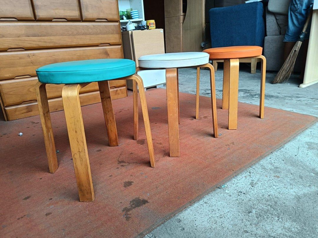 Solid wood & leather bentwood stools 3pcs Stackable stools for 3 14D x 17H inches In good condition (Category: Chairs) located in Manila. Submitted by Hezcki (Listing ID 1243631224, Image 3). Description: .