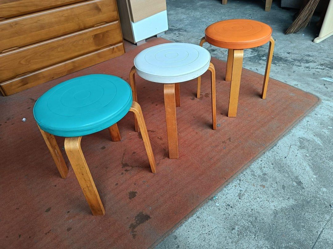 Solid wood & leather bentwood stools 3pcs Stackable stools for 3 14D x 17H inches In good condition (Category: Chairs) located in Manila. Submitted by Hezcki (Listing ID 1243631224, Image 2). Description: .