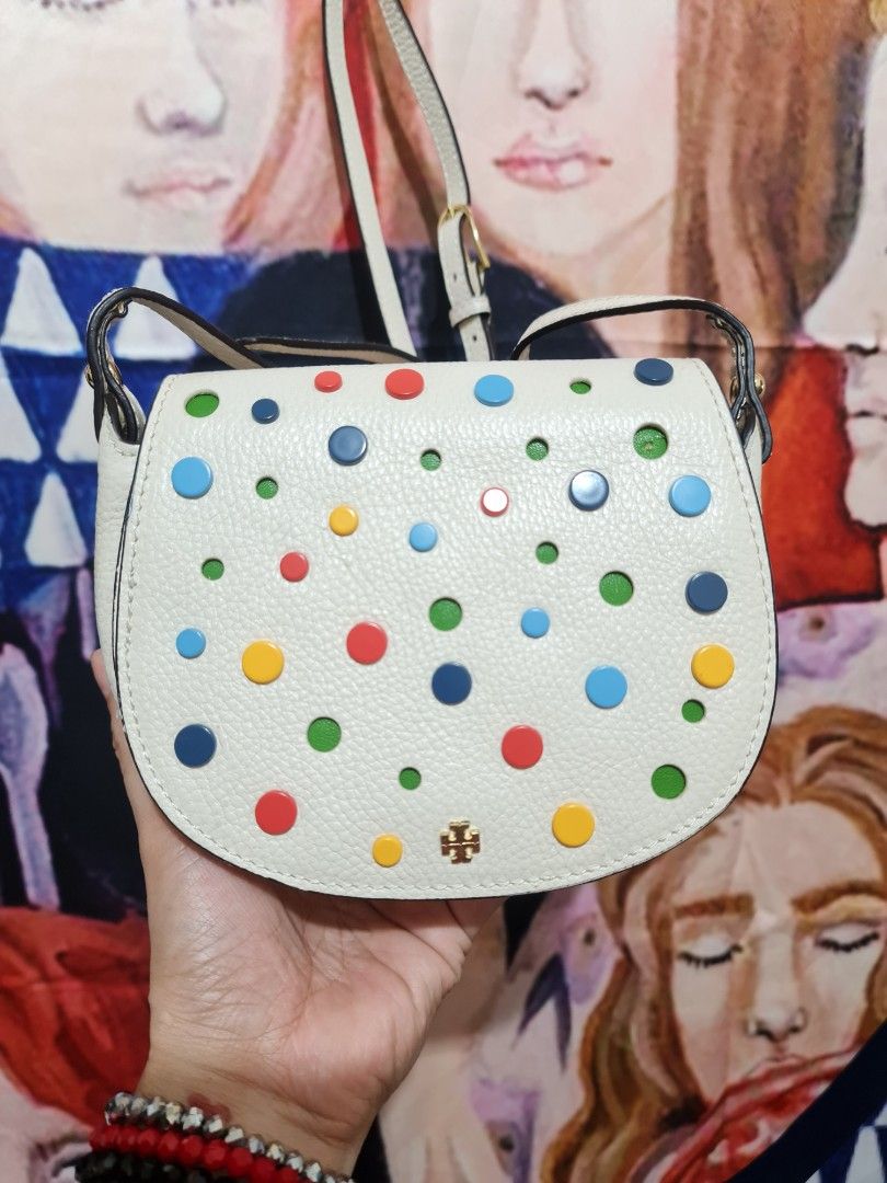 Tory Burch Leather Multicolor Crossbody Bag (Category: Luxury Bags & Wallets) located in Angeles City. Submitted by reallygraceful (Listing ID 1243576160, Image 3). Description: Tory Burch Micro Leather Multicolor Crossbody Bag 🟡Neautrals Leather 🔴Polka Dot Print 🟢Gold Tone Hardware 🟣Ajustable Shoulder Strap 🔴Cutout Accent 🔵Logo Jacquard Lining w card slots 🟠Snap Closure 🟥Good Condtion No stain or leather peel-off Flaws accidentally na tu