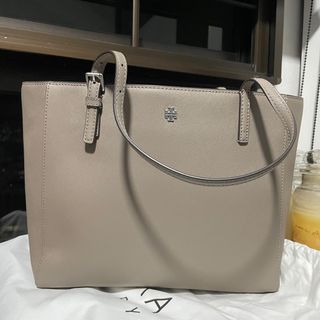 Tory Burch, Bags, Tory Burch Emerson Saffiano Leather French Grey Large  Buckle Tote Shoulder Bag