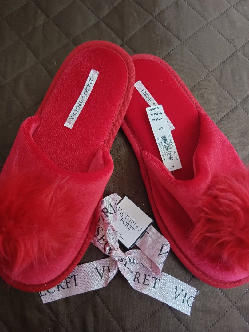 Victoria secret red new arrivals pom pom slippers