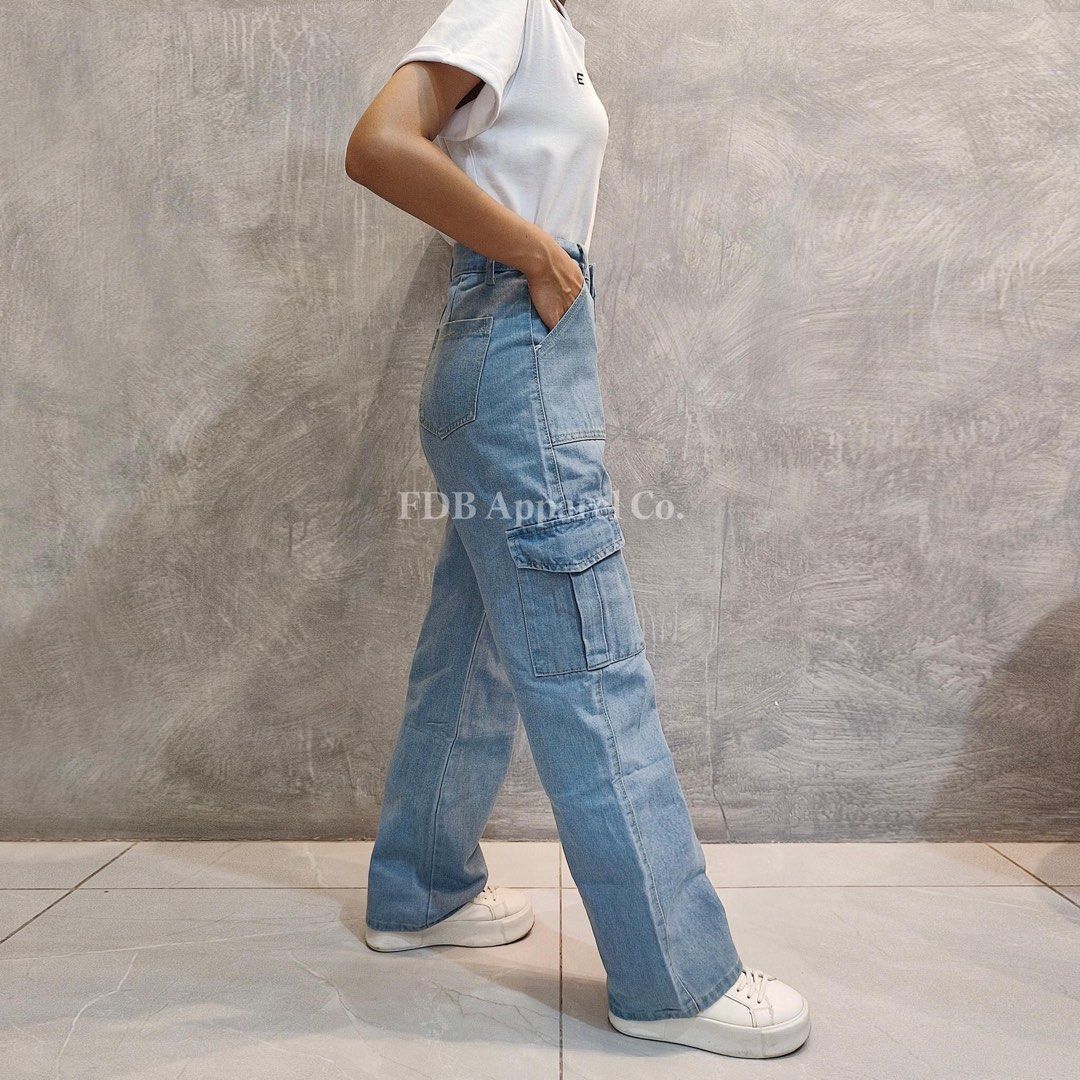 DNEMNLPH Wide-leg Cargo Highwaist Pants (Trendy Korean Bangkok Fashion  Baggy Loose Garter Neutral Belt Pockets Mom Vintage Jeans Women's Clothing  Tiktok Outfit With Two Side Pockets Neutral Colors Stretchable Sexy  Freesize Woven