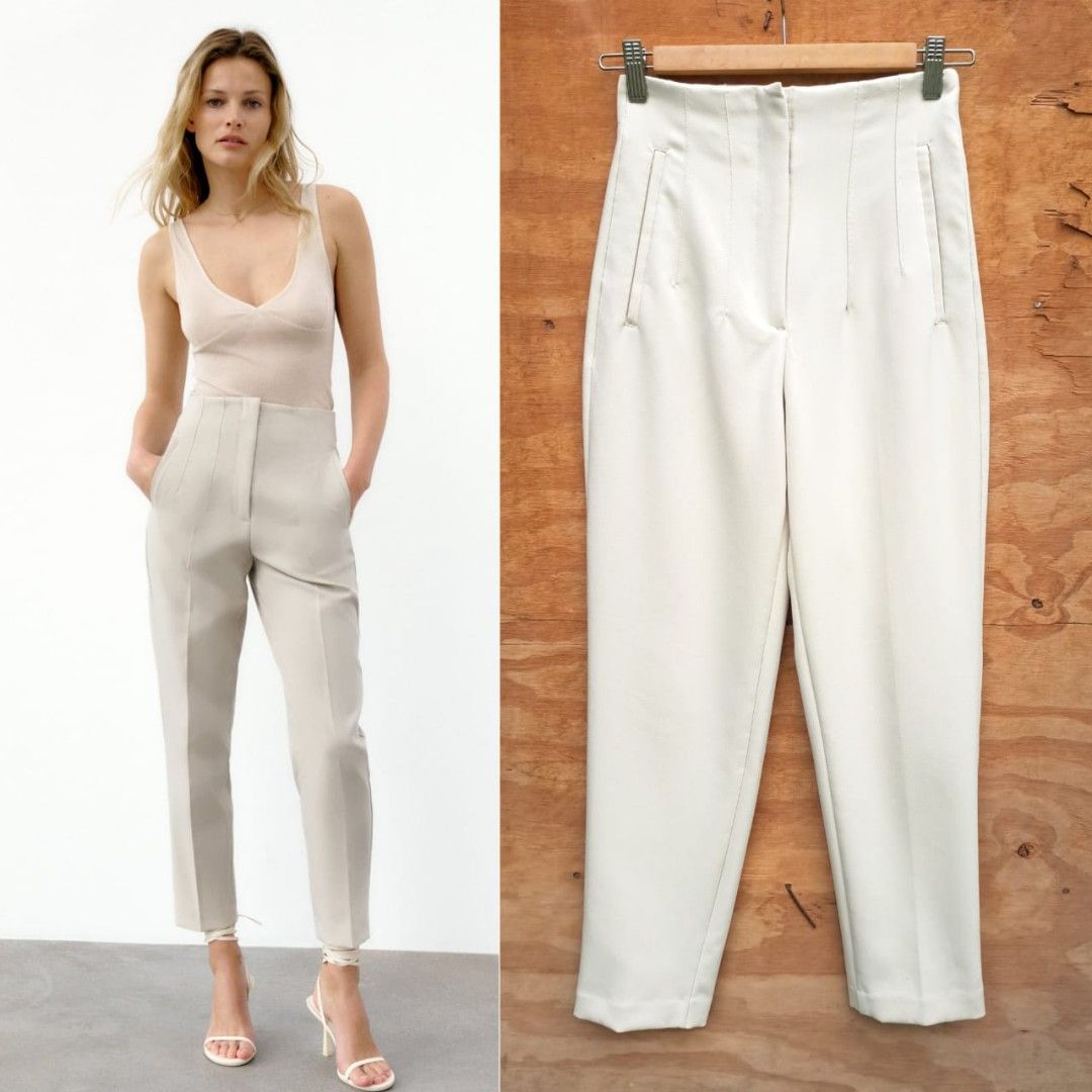 Zara High Waist Trouser Pants Oyster White, Women's Fashion, Bottoms, Other  Bottoms on Carousell
