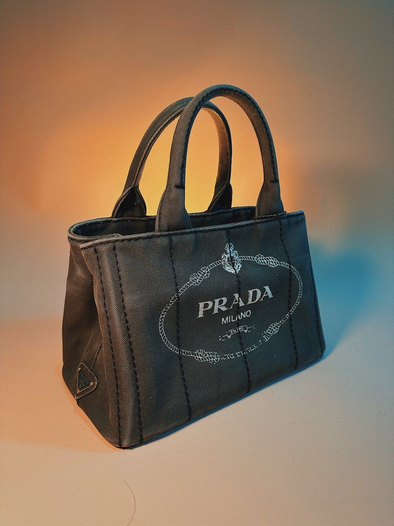 PRADA Military Olive Green Nylon Brown Leather Canapa Logo Large Tote Bag