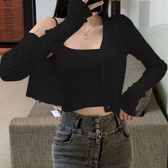 Black Knit Tank Top and Cardigan Set Women s Fashion Dresses Sets Sets or Coordinates on Carousell