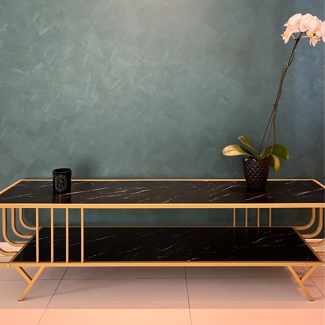 Black marble TV console with gold frame, Furniture & Home Living