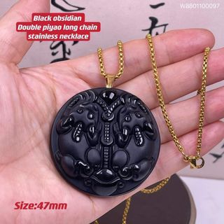 Black obsidian double piyao long chain stainless necklace