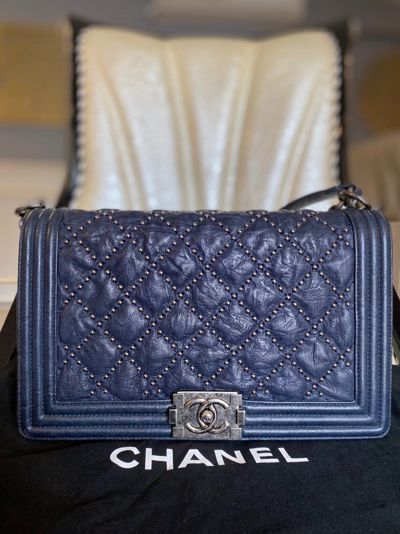 Chanel Medium Quilted Studded Boy in Navy Distressed Calfskin