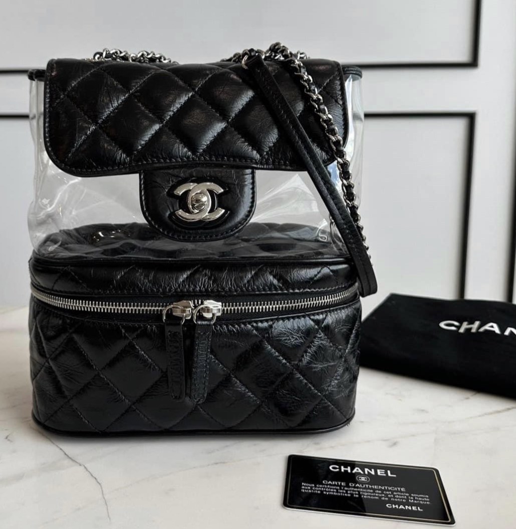 Chanel Vanity Zip Flap Backpack Quilted Calfskin PVC Transparent Small Pink  Bag