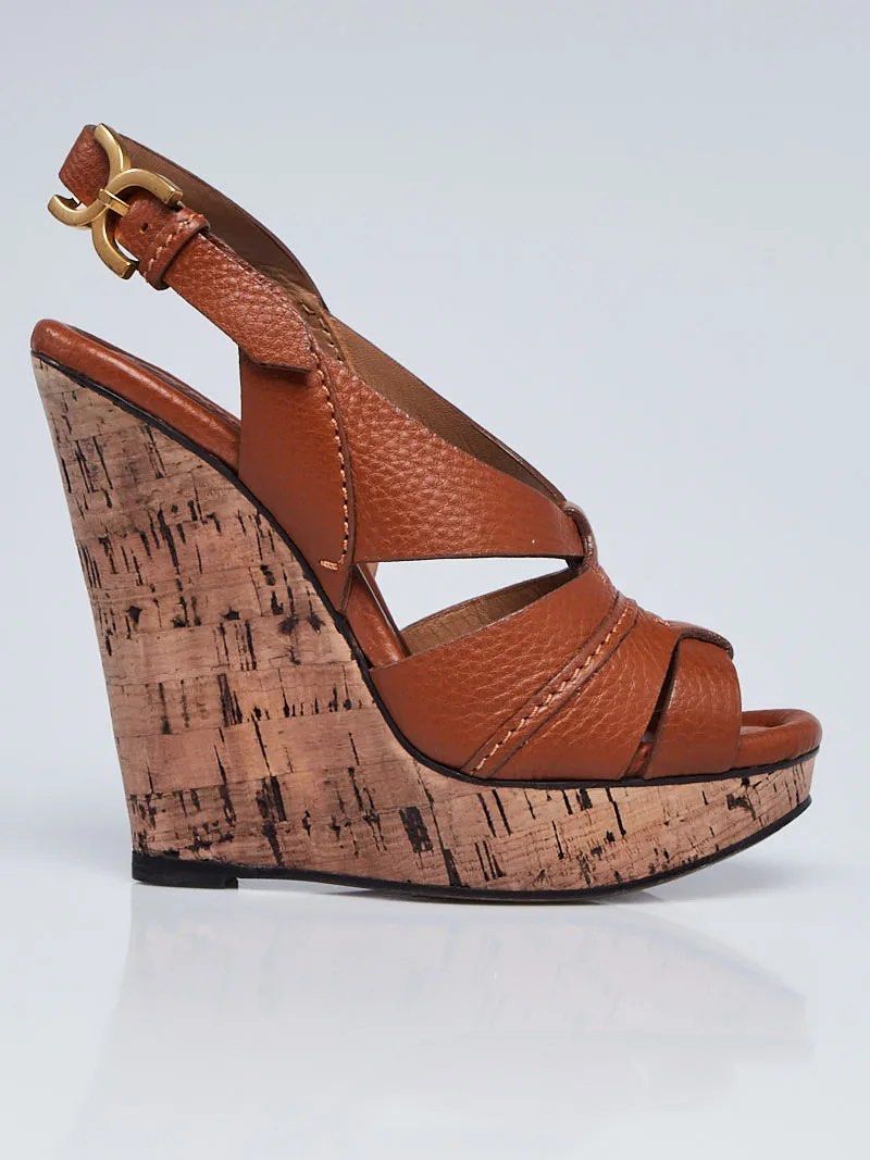 CHLOE Brown Pebbled Leather Elah Platform Cork Wedges