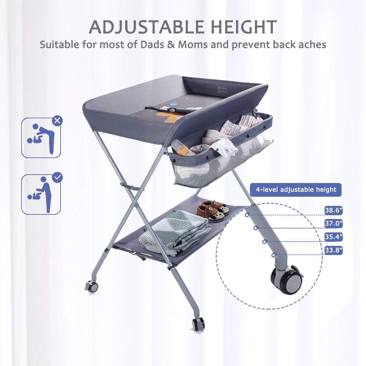 EGREE Baby Changing Table Portable Folding Diaper Changing Station with Wheels Adjustable Height Mobile Nursery Organizer with Safety Belt and Large Storage Racks for Newborn Baby and Infant Gray Grey...
