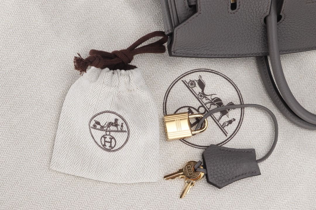 hermes birkin 25cm (stamp u) etain color togo leather, gold hardware, with  lock, keys, dust cover & box