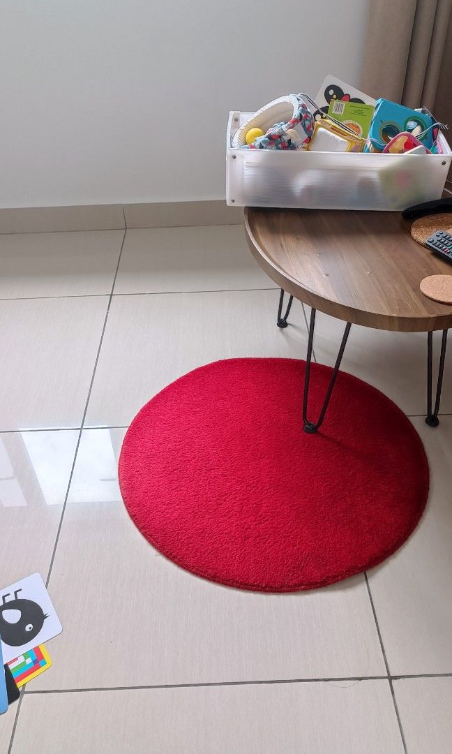 Ikea Red round rug carpet wool 70cm carpet bulat, Furniture & Home