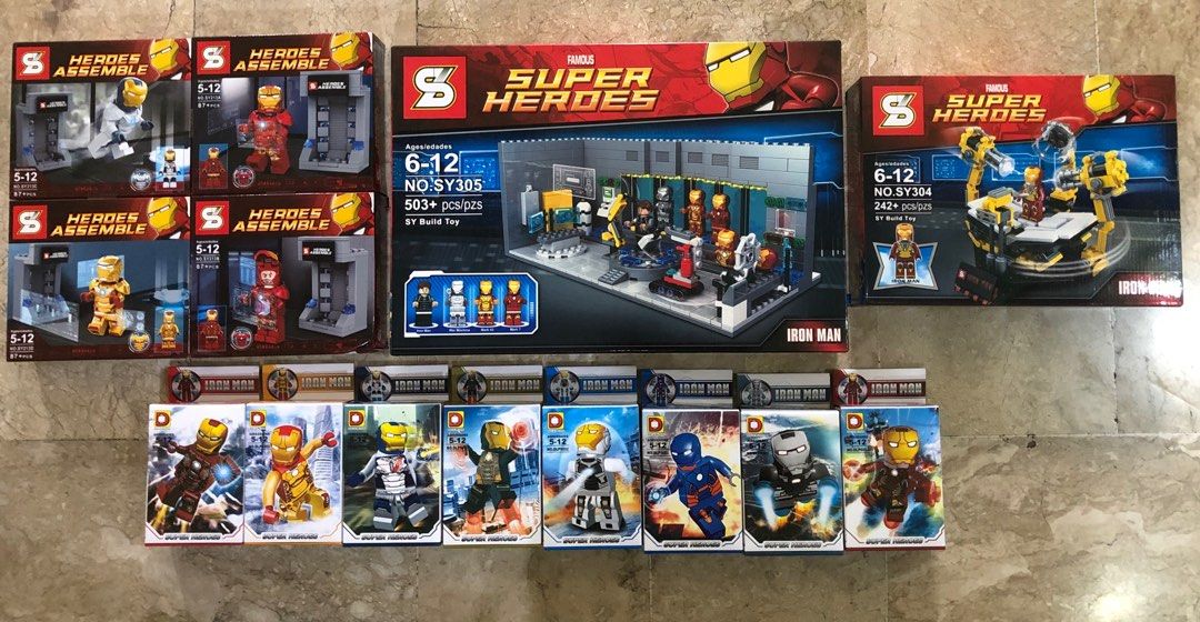 Iron Man Super Heroes Building Blocks (Category: Lego & Building Sets) located in Quezon City. Submitted by lmdavid (Listing ID 1243819986, Image 1). Description: BRANDNEW‼️ Rare lego like Iron Man. Sealed and mint condition. 1 LOT: - SY 305 Super Heroes Iron Man Hall of Armor - SY 304 Super Heroes Iron Man Gantry - SY213 4pcs/set Heroes Assemble Iron Man - DLP9002 8 pcs Building Block Series .
