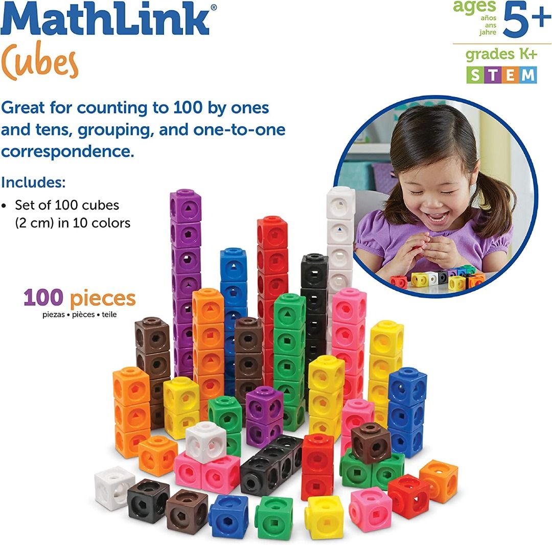 Learning Resources Mathlink Cubes-100 (Category: Educational & Learning Toys) located in Singapore. Submitted by youareback (Listing ID 1243858539, Image 4). Description: About this item Great for counting to 100 by ones and tens, grouping, and one-to-one correspondence Help students master math skills for academic success Cubes link together on all sides of each cube with geometric shape cutouts for more complex patterning activities MathLink Cu