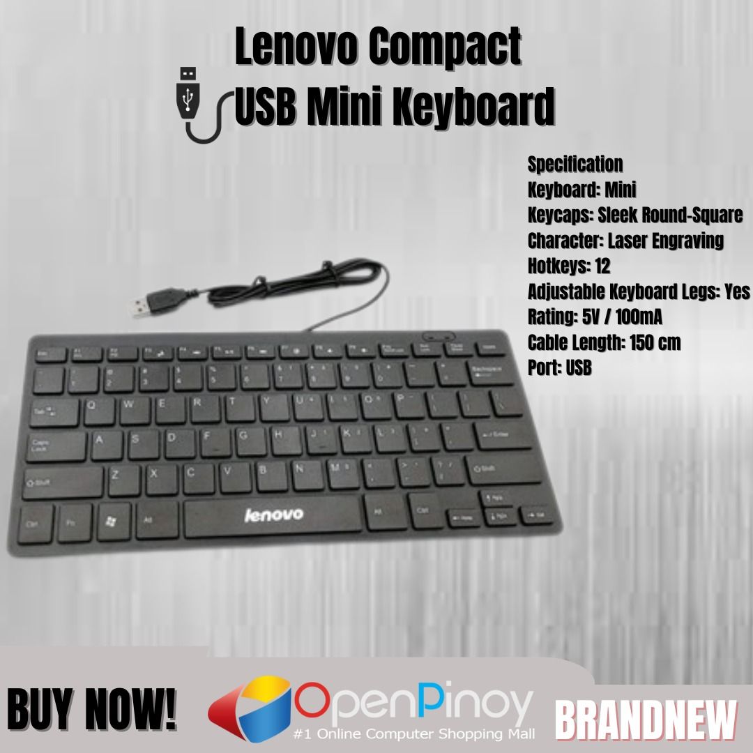Lenovo Compact USB Mini Keyboard (Category: Computer Keyboard) located in San Juan City. Submitted by bryan_01 (Listing ID 1243788226, Image 1). Description: 📌 PLEASE READ FOR DETAILS: Condition: BRAND NEW 𝓢𝓹𝓮𝓬𝓲𝓯𝓲𝓬𝓪𝓽𝓲𝓸𝓷𝓼: ☑️Keyboard: Mini ☑️Keycaps: Sleek Round-Square ☑️Character: Laser Engraving ☑️Hotkeys: 12 ☑️Adjustable Keyboard Legs: Yes ☑️Rating: 5V / 100mA ☑️Cable Length: 150 cm ☑️Port: USB 👉 Our products Guarantee always 💯