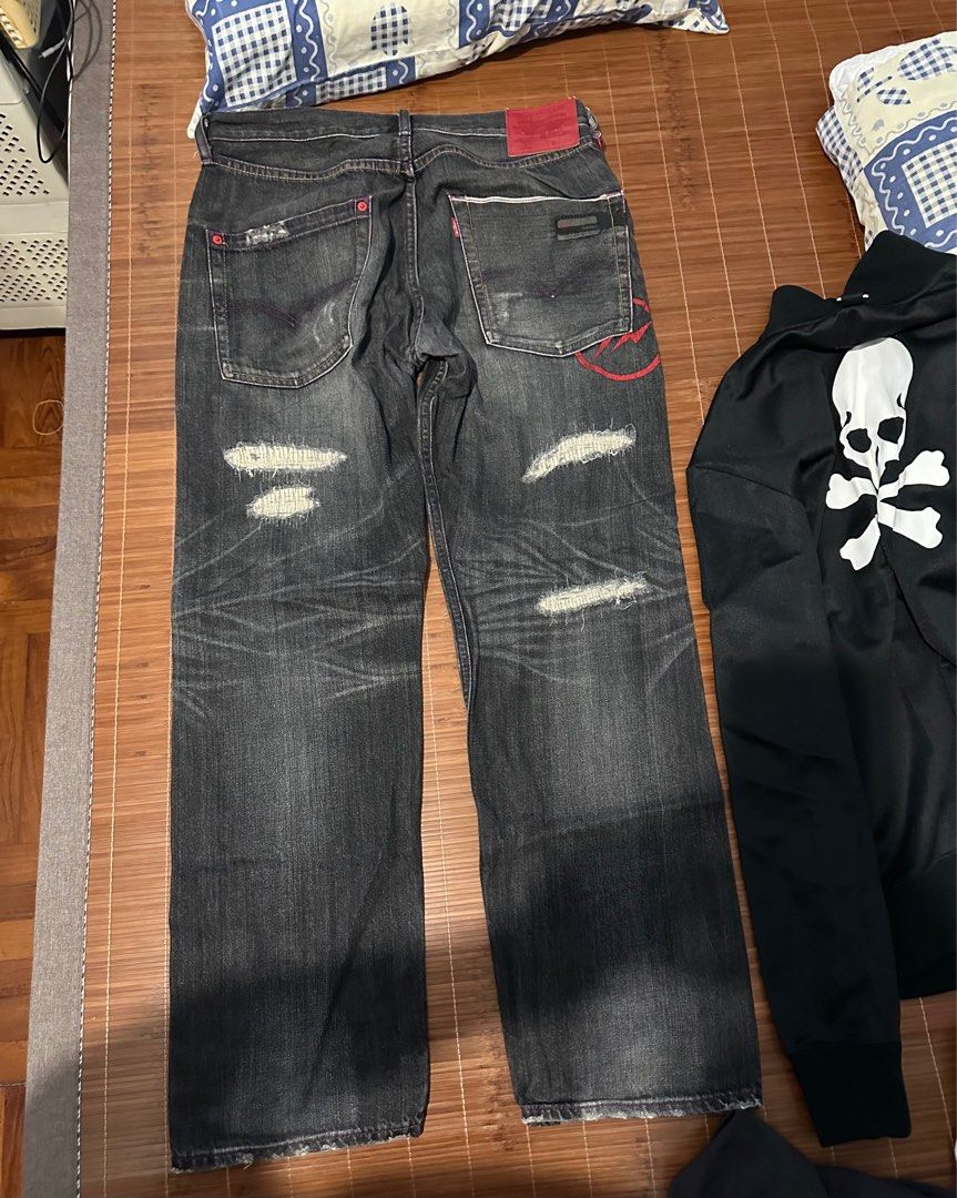近全新品 Levi's X Fenom X Fragment Disco 重磅水洗 刺繡閃電 黑水鑽雕花 藍牛王