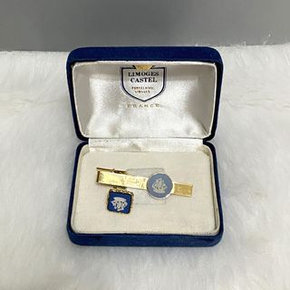 Limoges Castel France Vintage Gold Tone Jasperware Tie Clip & Pin