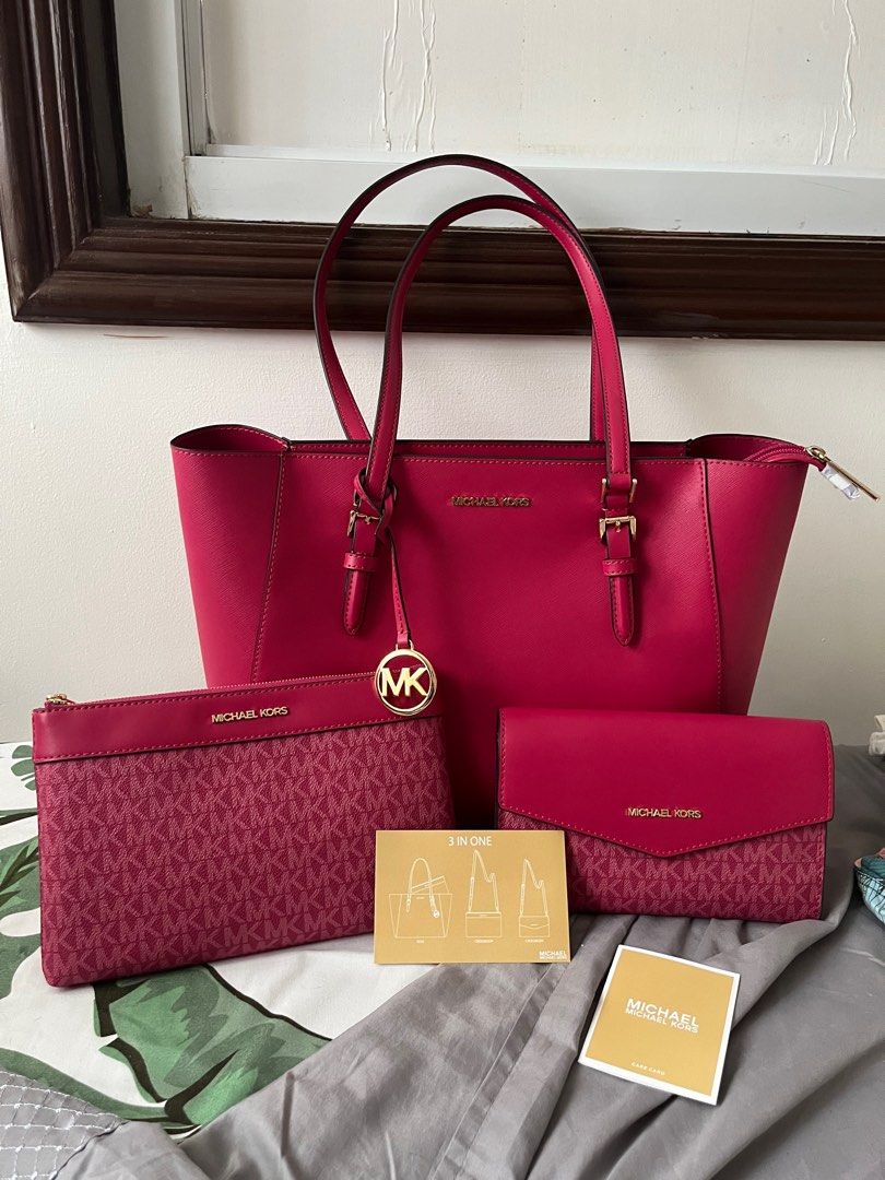 Michael Kors Charlotte Large Leather 3-in-1 Tote Crossbody Handbag Carmine  Pink