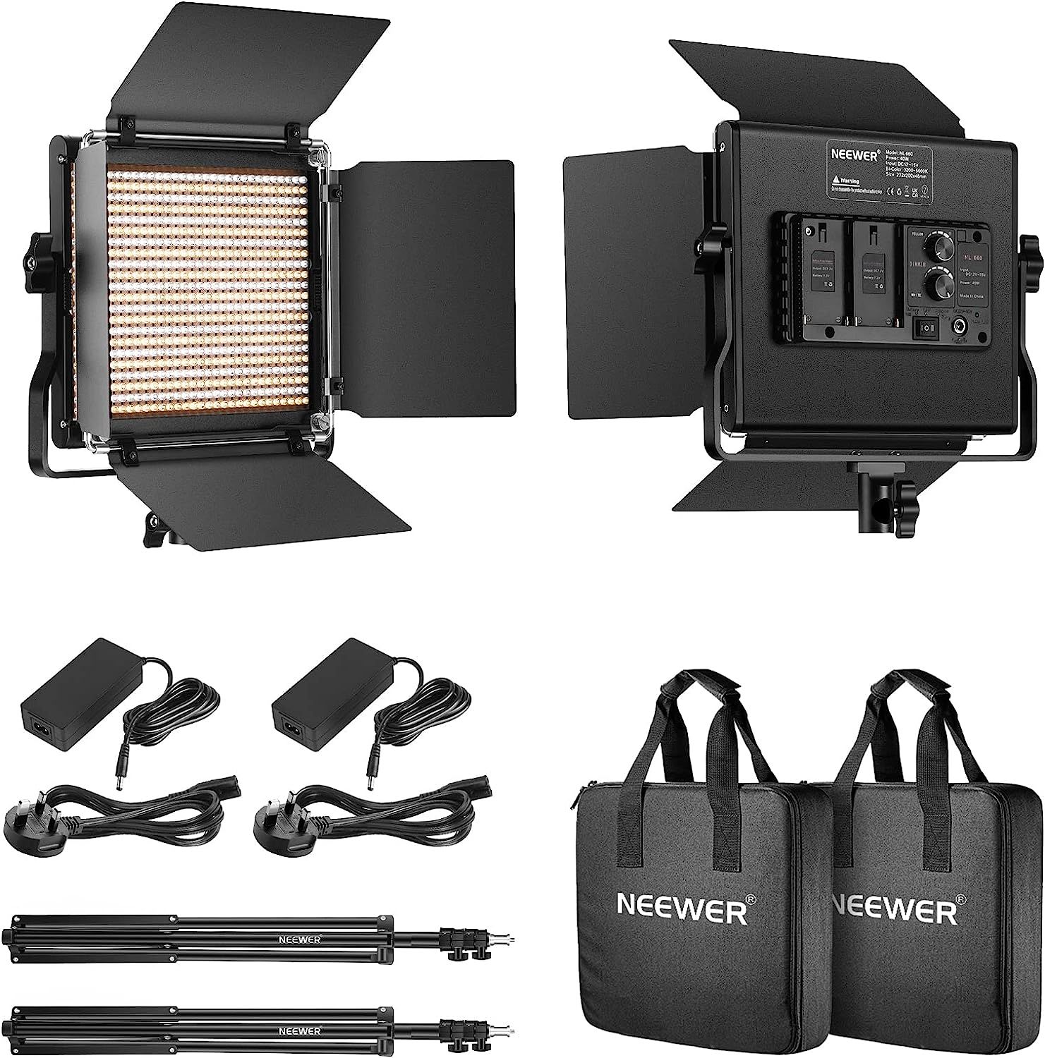 Neewer Pieces Bi-color 660 LED Video Light and Stand Kit Includes:(2)3200-5600K  CRI 96+ Dimmable Light with U Bracket and Barndoor, (2)78.7 inches Light  Stand for Studio Photography Video Shooting, Photography, Photography
