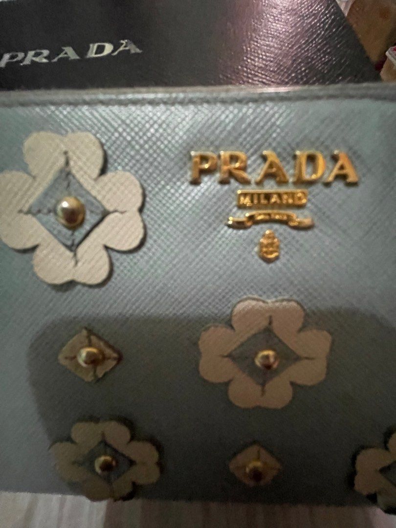 PRADA CONTINENTAL WALLET (Category: Luxury Bags & Wallets) located in Paranaque City. Submitted by msjam63 (Listing ID 1243713385, Image 2). Description: Authentic PRADA Made in Italy Powder blue Very good used condition Has some slight dirt in coins compartment Lampo zip With serial as in photo With Made in Italy tag With Prada box only Sold as is.