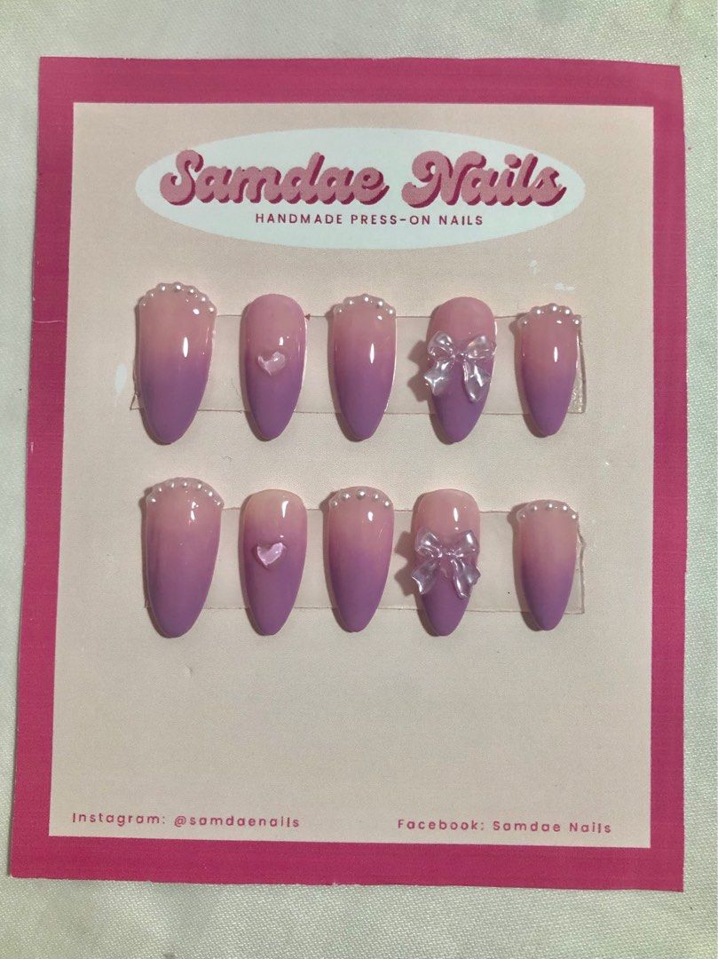 Purple blush nails (Category: Hands & Nails) located in Marikina City. Submitted by samdaenails (Listing ID 1243882373, Image 2). Description: MADE TO ORDER! 💗 Accepting customized press on nails, the set includes - 10 press-on nails - 2g glue - sticker nail tab - cuticle stick - alcohol tab - instructions on how to apply the nails What are your prices? Prices depend on the design of each press-on set. SHIPPING PROCESS If your area is Marikina, 