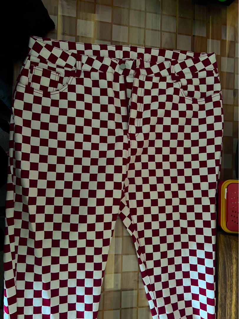 Red and deals white checkered pants
