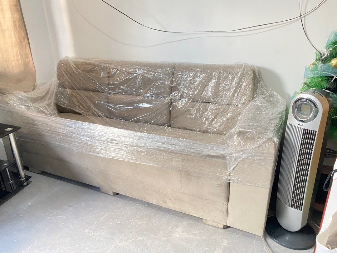 Three seater beige gamuza sofa couch on Carousell