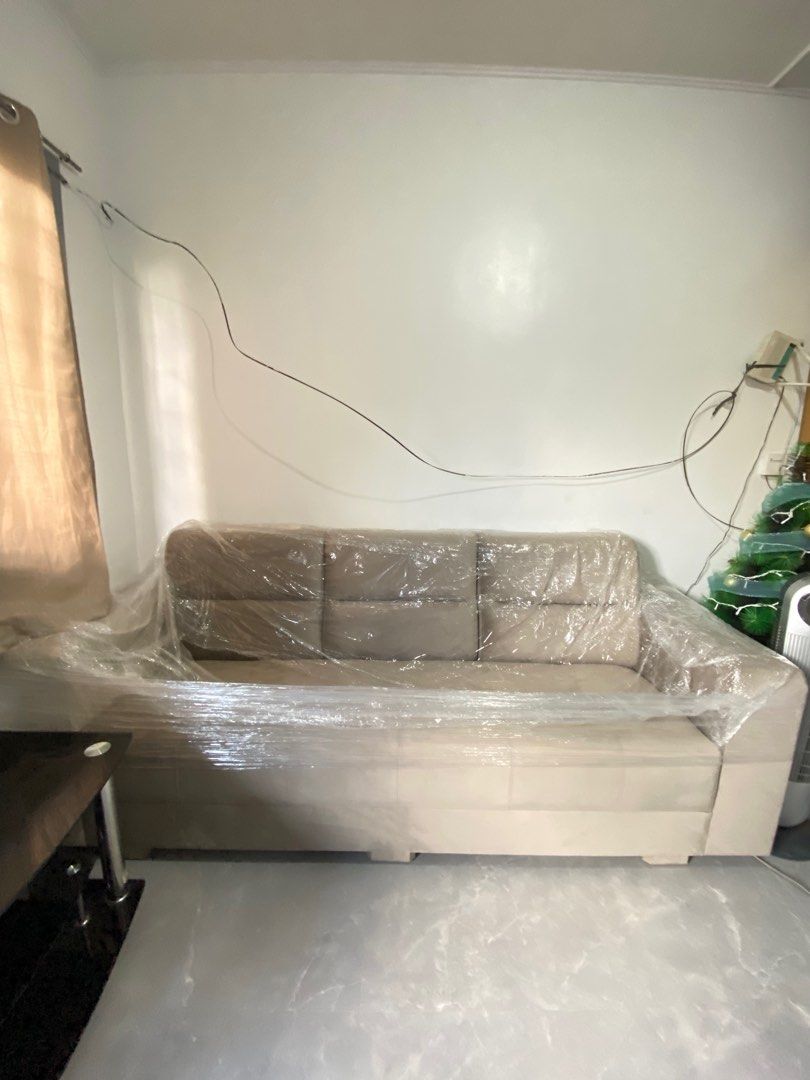 Three seater beige gamuza sofa couch on Carousell
