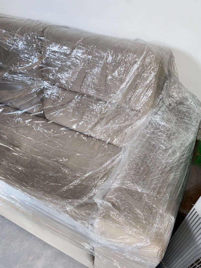 Three seater beige gamuza sofa couch on Carousell