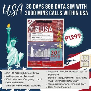 USA International Sim Card 30 Days 8GB Data