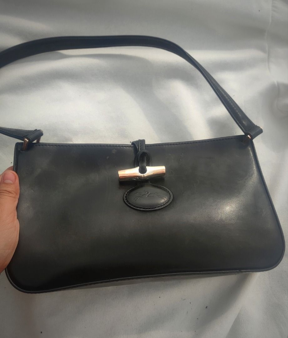 VINTAGE Longchamp Roseau Black Leather Shoulder Bag Zip 