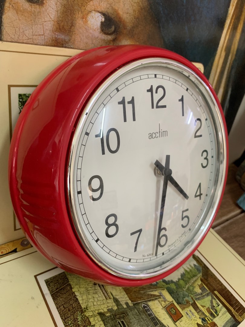 Vintage England Acctim Lorene Red Metal domed Glass Wall Clock