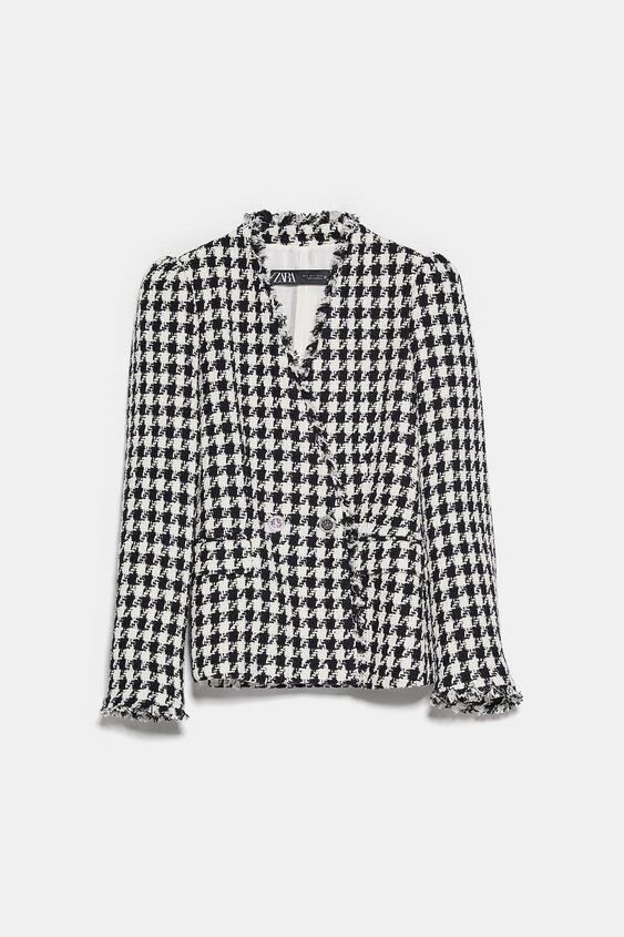 Veste Tweed Houndstooth (Pied-de-poule) ZARA Bleue - Taille S (8) - Neuf Sans étiquettes