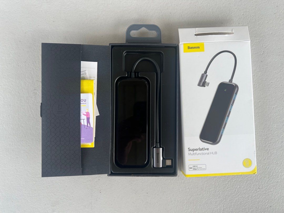 Baseus Superlative Multifunctional USB Type C Hub (Category: Cables & Adaptors) located in Cainta. Submitted by gilbertsb (Listing ID 1243934377, Image 1). Description: Brand: Baseus Material: Aluminium Alloy+Tempered Glass+ABS Product input: Type-C 3.0 Type-C PD: 20V/3A (Max) USB 3.0*3 power: 5V/1.5A (Max) USB3.0*3 transmission rate: 5Gbps Suitable for: mainstream Type-C laptops/desktops/phone Size: 118*45*12~15mm Weight: 80.3g~86g Color: Gray.