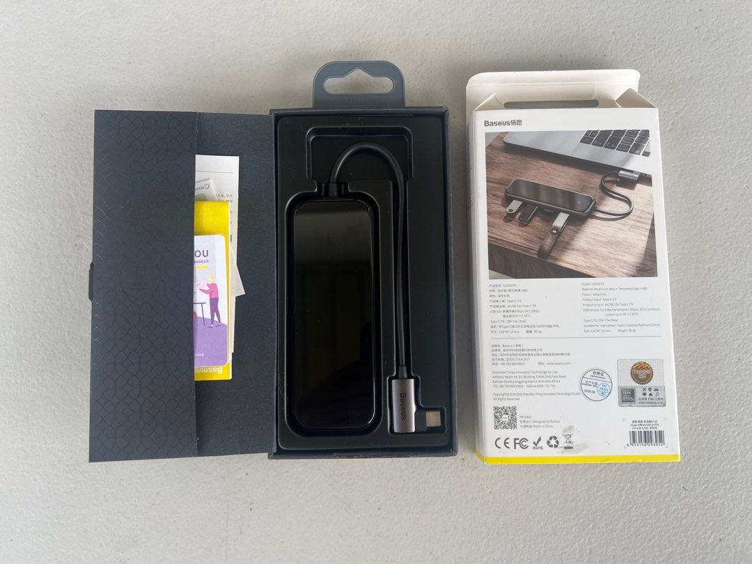 Baseus Superlative Multifunctional USB Type C Hub (Category: Cables & Adaptors) located in Cainta. Submitted by gilbertsb (Listing ID 1243934377, Image 2). Description: Brand: Baseus Material: Aluminium Alloy+Tempered Glass+ABS Product input: Type-C 3.0 Type-C PD: 20V/3A (Max) USB 3.0*3 power: 5V/1.5A (Max) USB3.0*3 transmission rate: 5Gbps Suitable for: mainstream Type-C laptops/desktops/phone Size: 118*45*12~15mm Weight: 80.3g~86g Color: Gray.